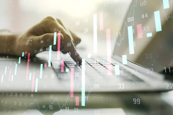 Double exposure of abstract creative financial chart with hand typing on computer keyboard on background, research and strategy concept — Stock Photo, Image