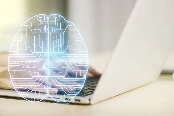 Creative artificial Intelligence concept with human brain sketch and hands typing on computer keyboard on background. Double exposure — Stock Photo, Image