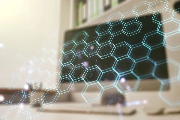 Kreativ abstrakt teknik skiss med hexagon grid och modernt skrivbord med dator på bakgrund, framtida teknik och AI koncept. Dubbel exponering — Stockfoto