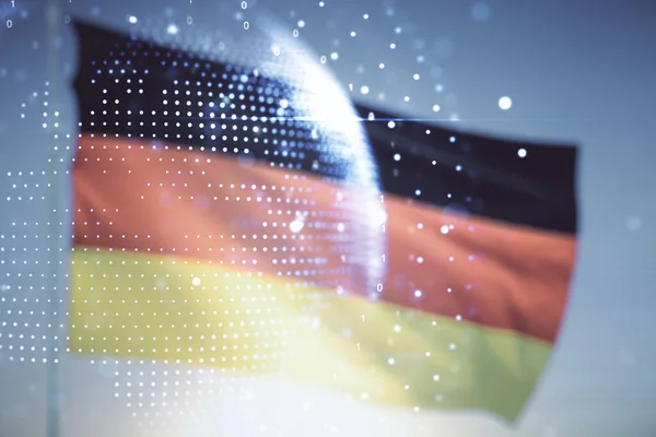 Az absztrakt digitális világtérkép kettős expozíciója a német zászló és kék égbolt hátterében, kutatási és stratégiai koncepció — Stock Fotó