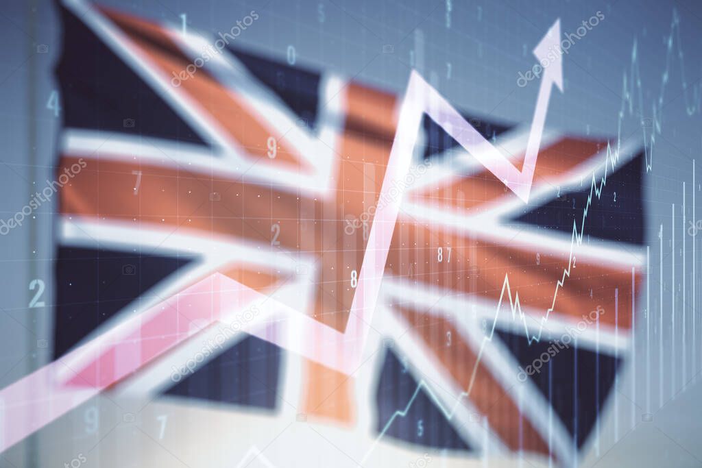 Double exposure of abstract creative financial chart and upward arrow illustration on British flag and blue sky background, research and strategy concept