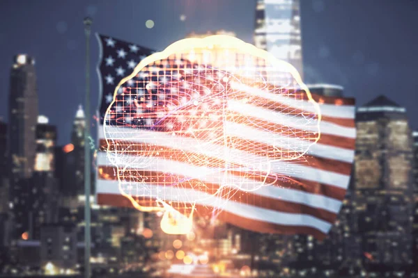 Virtuální tvůrčí hologram umělé inteligence s náčrtkem lidského mozku na pozadí americké vlajky a siluety. Dvojitá expozice — Stock fotografie
