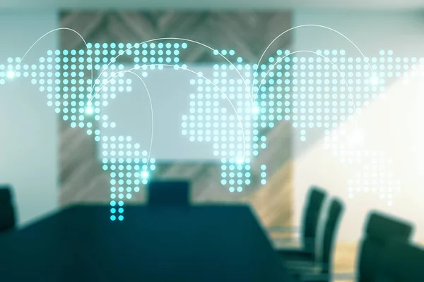 Abstrakte virtuelle Weltkarte mit Verbindungen auf modernem Konferenzraum-Hintergrund, internationales Handelskonzept. Mehrfachexposition — Stockfoto