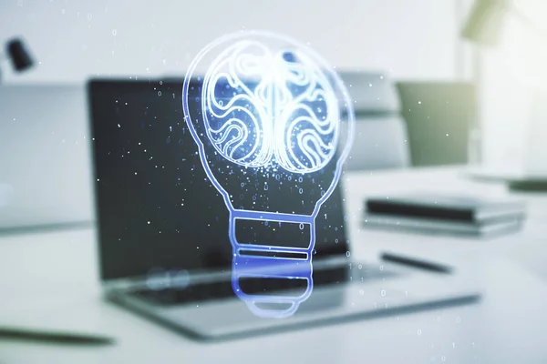 Dupla exposição do holograma criativo da lâmpada com cérebro humano no fundo do laptop, ideia e conceito de brainstorming — Fotografia de Stock