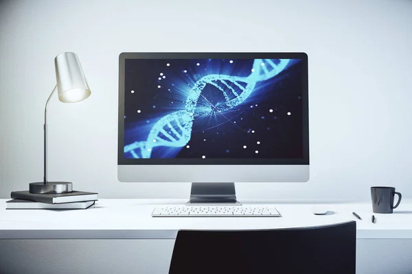 Esboço de DNA criativo no monitor de laptop moderno, biotecnologia e conceito genético. Renderização 3D — Fotografia de Stock