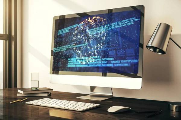 Holograma de cráneo de código creativo en monitor de computadora moderno, cibercrimen y concepto de piratería. Renderizado 3D —  Fotos de Stock