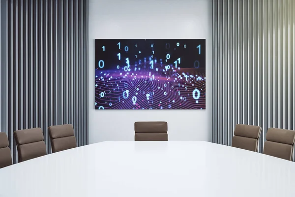 Modern bir konferans odasında sunum ekranında ikili kod illüstrasyonunun yaratıcı konsepti. Büyük veri ve kodlama konsepti. 3B Hazırlama — Stok fotoğraf
