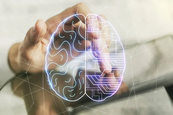 Kreativ artificiell intelligens koncept med mänskliga hjärnan skiss och fingertryck på en digital tablett på bakgrunden. Dubbel exponering — Stockfoto