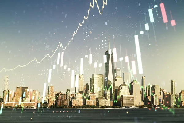 뉴욕 시의 배경, 금융 및 무역 개념에 관한 노골적 인 가상 금융 그래프 홀로그램. 과잉 노출 — 스톡 사진