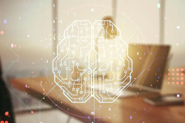 Double exposure of creative human brain microcircuit with computer on background. Future technology and AI concept — Stock Photo, Image