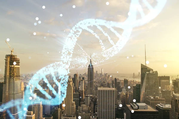 Ologramma del DNA su sfondo urbano, scienza e biologia di New York. Multiesposizione — Foto Stock