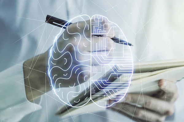 Kreativ artificiell intelligens koncept med mänskliga hjärnan skiss och man hand skriva i dagbok på bakgrund. Dubbel exponering — Stockfoto