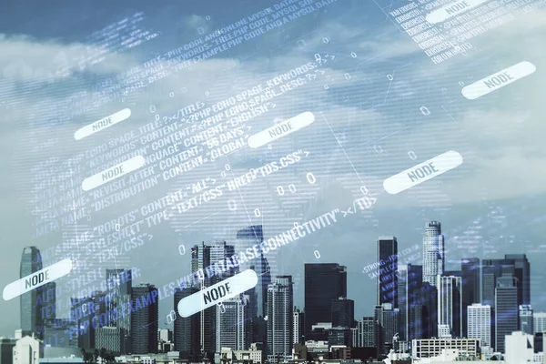 Multi exposição de esboço de codificação criativa abstrata e mapa do mundo no fundo skyline da cidade de Los Angeles, inteligência artificial e conceito de redes neurais — Fotografia de Stock