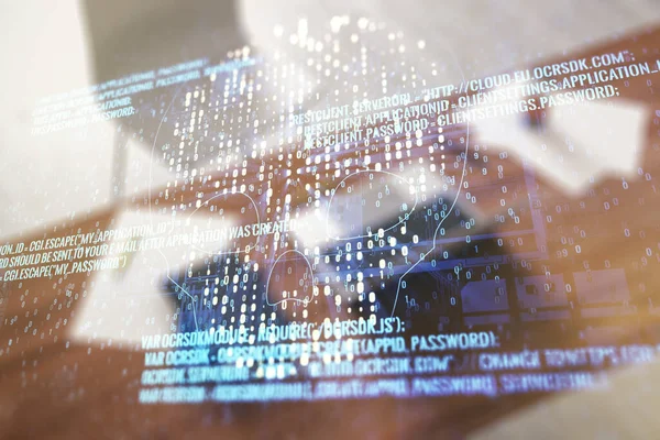 Creatief concept van code schedel illustratie en moderne desktop met computer op de achtergrond. Hacken en phishing concept. Meervoudige blootstelling — Stockfoto