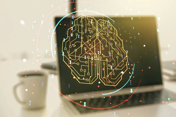 Conceito de inteligência artificial criativa com esboço de cérebro humano em fundo de computador moderno. Dupla exposição — Fotografia de Stock