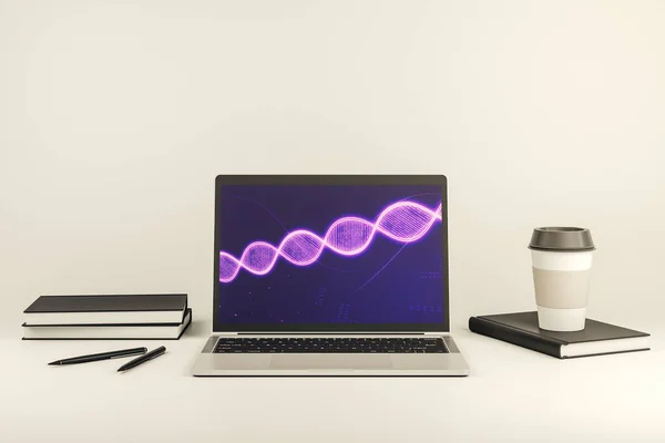 Esboço de DNA criativo no monitor de laptop moderno, biotecnologia e conceito genético. Renderização 3D — Fotografia de Stock