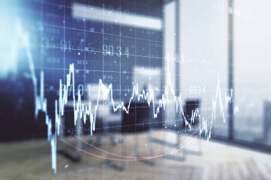 Soyut yaratıcı finansal diyagram ve arka planda bilgisayar, bankacılık ve muhasebe konsepti olan modern masanın çifte teşhisi