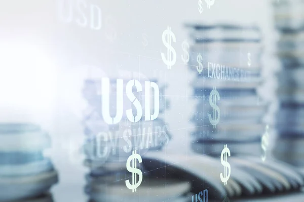 Dubbele blootstelling van virtuele USD symbolen hologram op groeiende stapels munten achtergrond. Bank- en investeringsconcept — Stockfoto