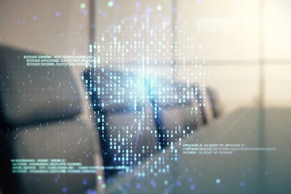 Abstract virtueel creatief code schedel hologram op een moderne boardroom achtergrond, diefstal van persoonsgegevens en malware concept. Meervoudige blootstelling — Stockfoto
