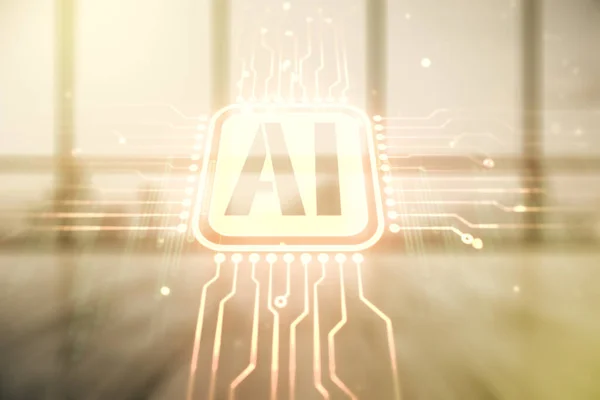 Abstract virtual artificial Intelligence symbol hologram on empty corporate office background. Multiexposure — Stock Photo, Image