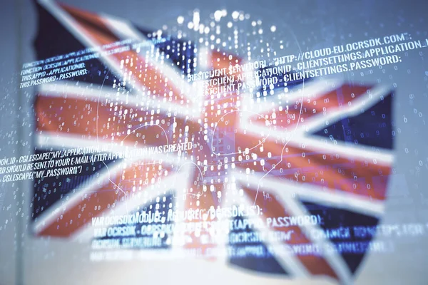 Resumen del holograma del cráneo de código virtual sobre la bandera británica y el fondo del cielo al atardecer, el cibercrimen y el concepto de piratería. Multiexposición — Foto de Stock