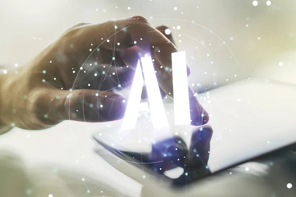 Creative artificial Intelligence symbol concept with finger clicks on a digital tablet on background. Multiexposure — Stock Photo, Image