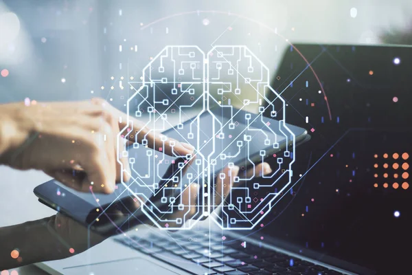 Creative artificial Intelligence concept with human brain hologram and finger clicks on a digital tablet on background. Multiexposure — Stock Photo, Image