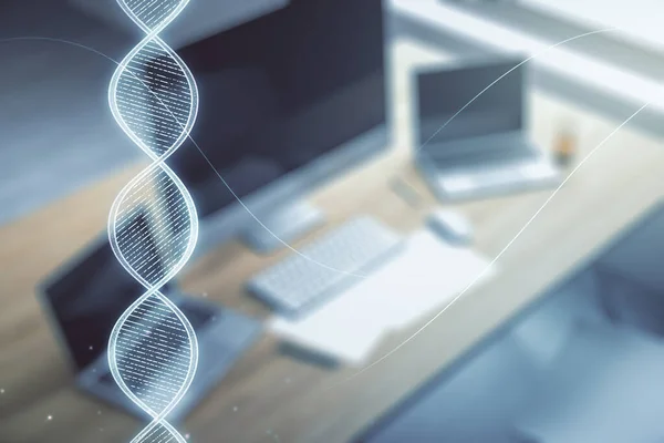 Desenho de DNA criativo e mesa moderna com computador em segundo plano, biotecnologia e conceito genético. Multiexposição — Fotografia de Stock