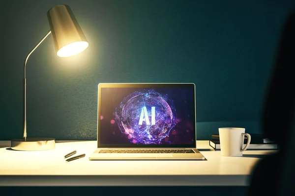 Kreatywna koncepcja symbolu sztucznej inteligencji na nowoczesnym monitorze komputera. Renderowanie 3D — Zdjęcie stockowe