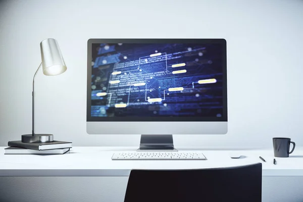 Monitor de computadora con ilustración de programación creativa abstracta, big data y concepto blockchain. Renderizado 3D — Foto de Stock