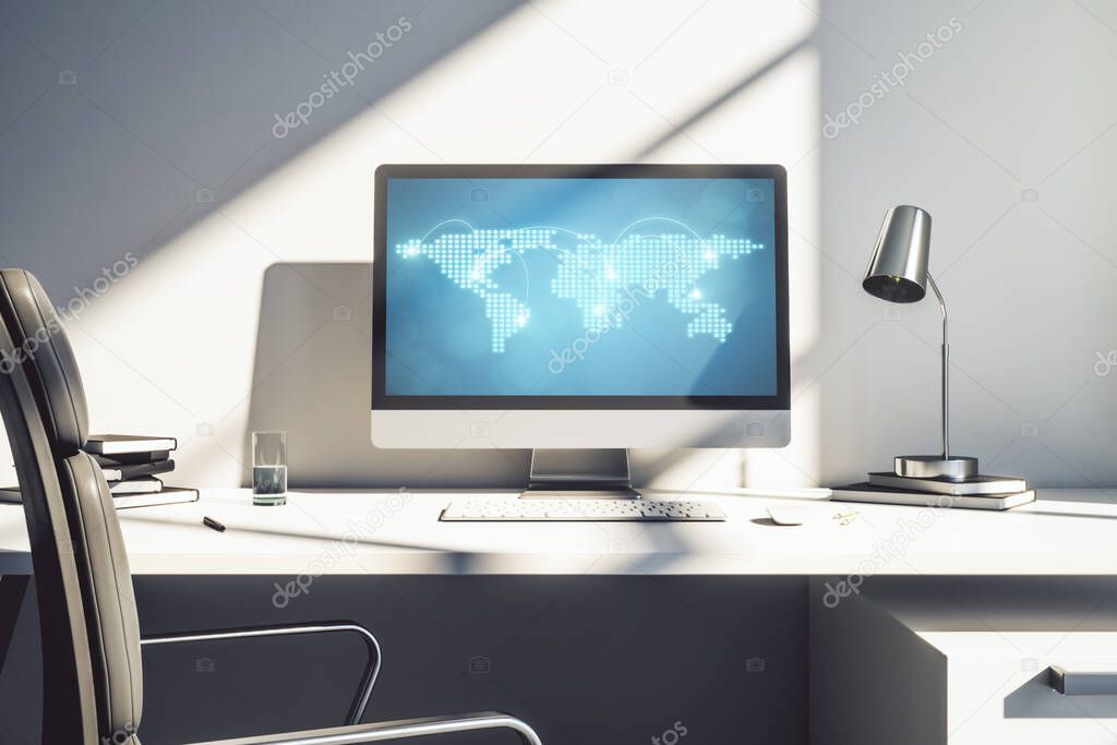 Abstract creative world map with connections on modern laptop screen, international trading concept. 3D Rendering