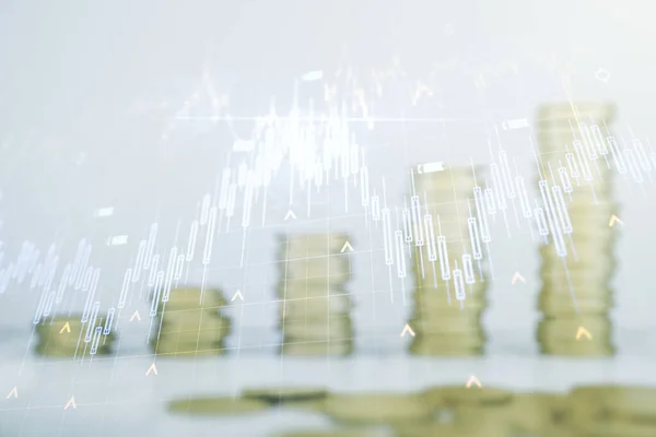 Multiexposure van abstract financieel diagram en wereldkaart op groeiende munten stapelt achtergrond, bank- en boekhoudconcept — Stockfoto