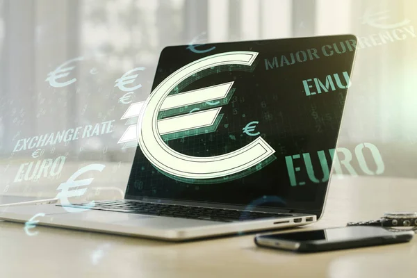 Creative EURO USD symbols illustration on modern computer background, forex and currency concept. Multiexposure — Stock Photo, Image