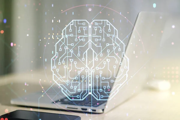 Conceito de inteligência artificial criativa com holograma do cérebro humano em segundo plano laptop moderno. Multiexposição — Fotografia de Stock