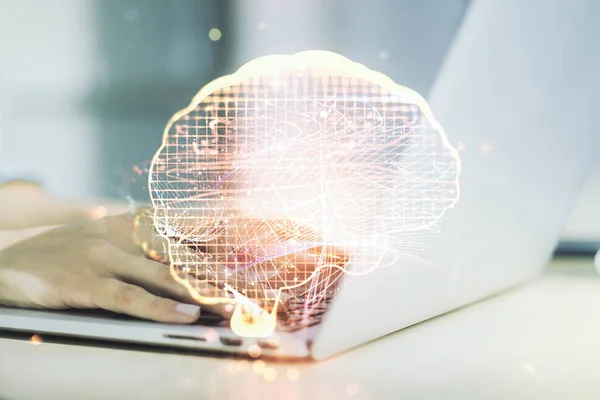 Dubbel exponering av kreativ mänsklig hjärna mikrokrets med handskrift på datorns tangentbord på bakgrunden. Framtida teknik och AI-koncept — Stockfoto