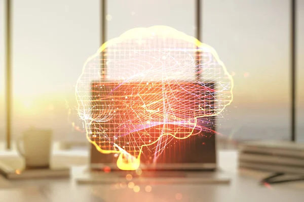 Концепция креативного искусственного интеллекта с человеческим мозгом на фоне современного компьютера. Двойное воздействие — стоковое фото