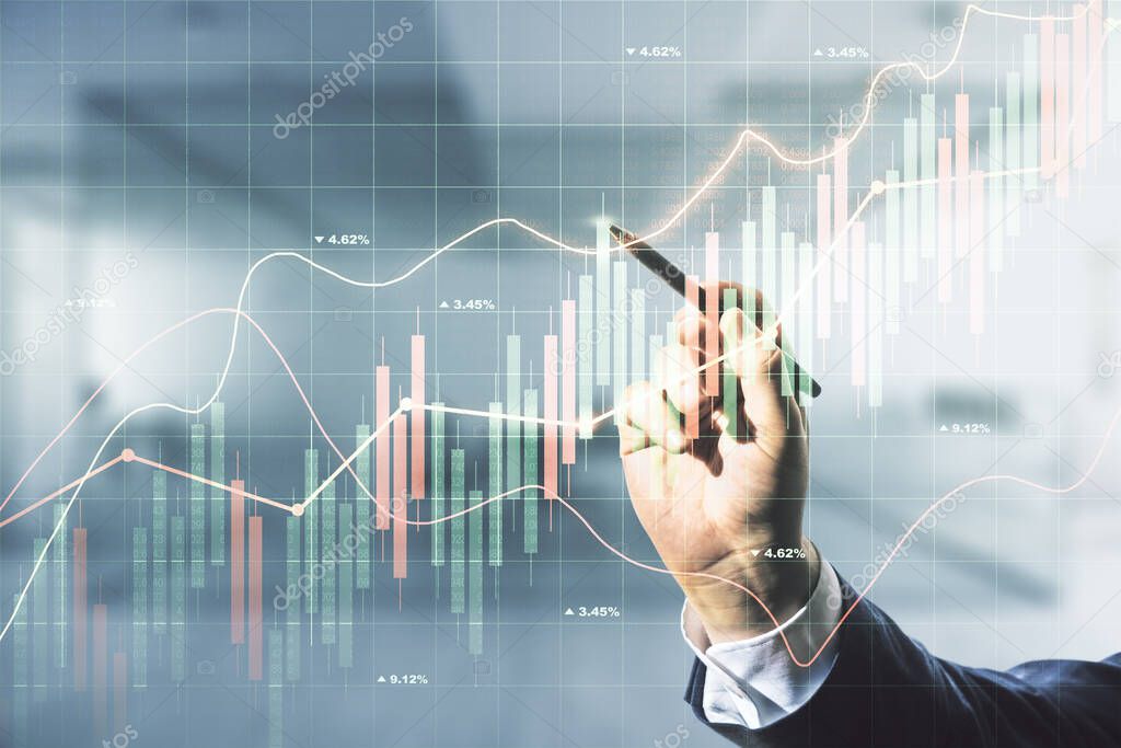 Multi exposure of man hand with pen working with abstract virtual financial graph on blurred office background, forex and investment concept