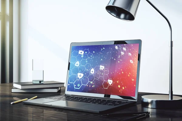 Modern computer monitor with creative abstract medical hologram. Healthcare technolody concept. 3D Rendering — Stock Photo, Image