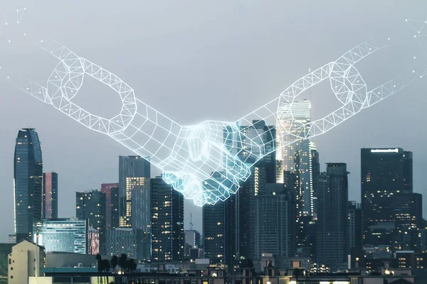 Abstract virtual block chain technology sketch with handshake on Los Angeles office buildings background, future technology and blockchain concept. Double exposure