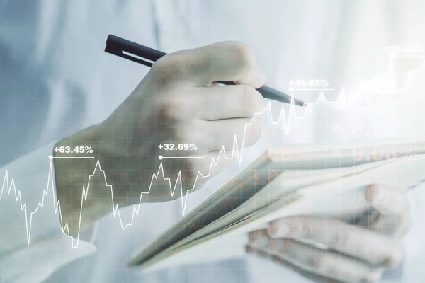Multi exposure of abstract financial graph with hand writing in notebook on background, financial and trading concept — Stock Photo, Image