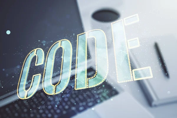 Creative Code word sign on modern computer background, international software development concept. Multiexposure — Stock Photo, Image