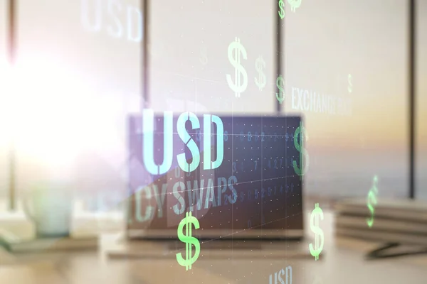 現代のラップトップの背景にユーロドル記号イラストの創造的な概念。取引と通貨の概念。多重露光 — ストック写真