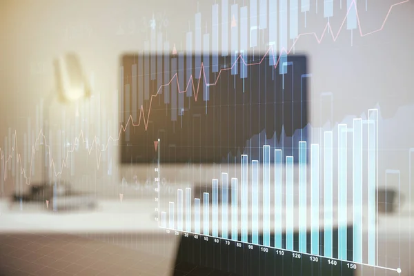 Mehrfachbelichtung abstrakter Finanzgrafik auf Laptop-Hintergrund, Finanz- und Handelskonzept — Stockfoto