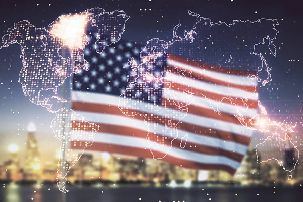 Multi exposure of abstract creative digital world map hologram on USA flag and blurry cityscape background, tourism and traveling concept