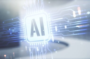 Boş modern ofis arka planında yaratıcı yapay zeka ikonu iki kez ortaya çıkıyor. Sinirsel ağlar ve makine öğrenme kavramı