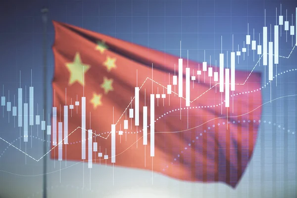 Multi exposure of virtual creative financial chart hologram on Chinese flag and blue sky background, research and analytics concept — Stock Photo, Image