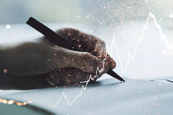 Double exposure of abstract creative financial chart with world map and with man hand writing in notebook on background, research and strategy concept — Stock Photo, Image