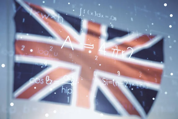 Ologramma astratto di formula scientifica su bandiera della Gran Bretagna e sfondo di cielo di tramonto. Multiesposizione — Foto Stock