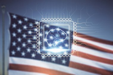 Amerikan bayrağı ve mavi gökyüzü arka planında insan beyni çizimi olan sanal yaratıcı yapay zeka hologramı. Çoklu pozlama