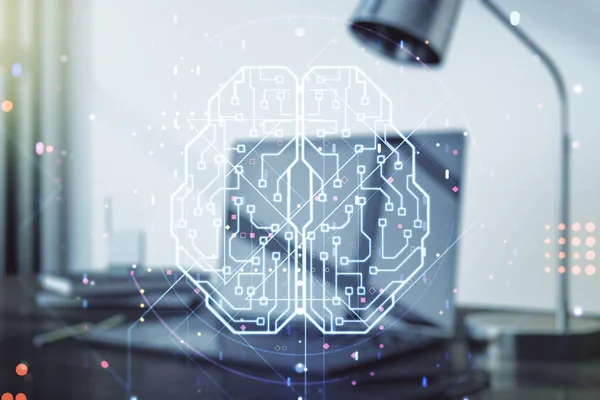 Dubbel exponering av kreativ artificiell intelligens symbol med modern bärbar dator på bakgrunden. Neurala nätverk och maskininlärningskoncept — Stockfoto